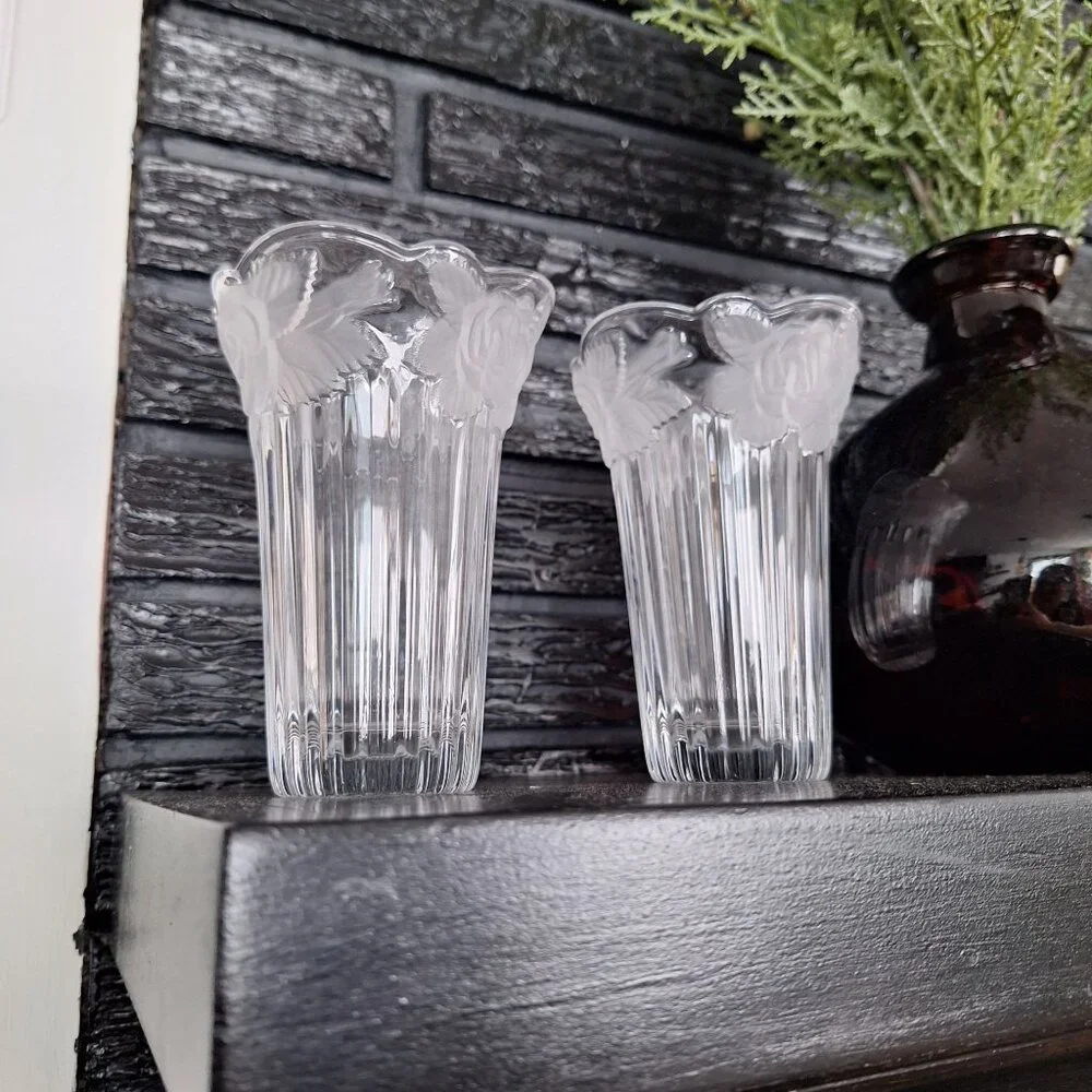 Studio Nova‎ Japan Etched Crystal Pair Floral Vase Set Of 2 Matching Vintage